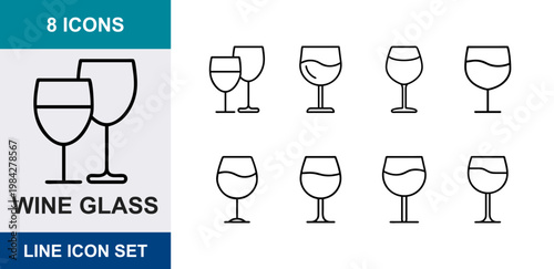 8 Wine glass linear icons champagne flute goblet stemware drinkware barware, UI and web interface design