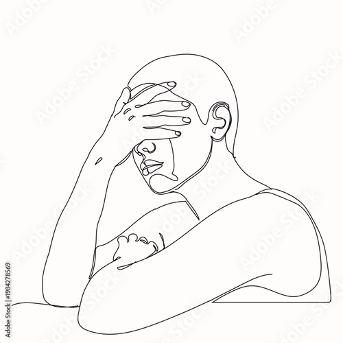 Single line drawing of depressed person holding head with messy scribble thought bubble, anxiety and overthinking concept, Hand drawn single line vector illustration