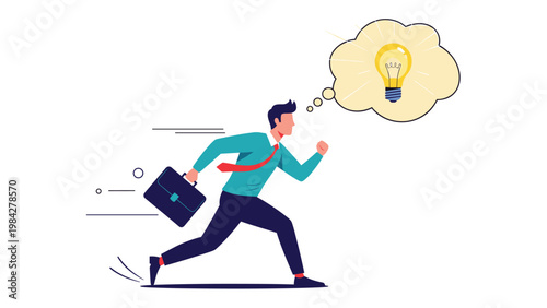 Energetic businessman running with a briefcase and a thought bubble containing a lightbulb, symbolizing the pursuit of ideas and innovation.