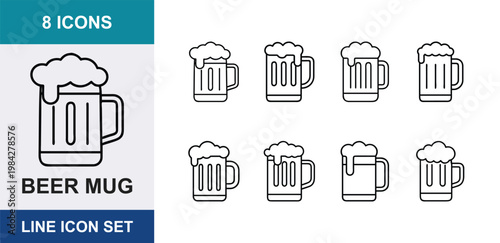 8 Beer mug linear icons foam bubbles handle glass tankard pint brewery pub, UI and web interface design