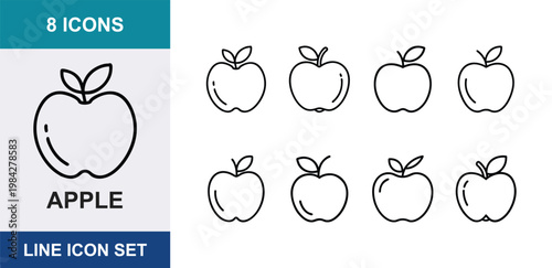8 Apple linear icons fruit leaf stem organic food healthy snack harvest garden, UI and web interface design
