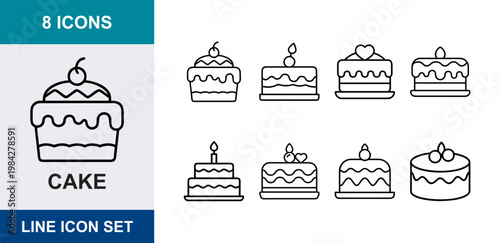 8 Cake linear icons cherry topping, birthday candle, heart decoration, cream glaze, sweet bakery, UI and web interface design