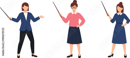 Teacher characters set with pointer in different poses presenting lessons isolated vector illustration for education and classroom concepts