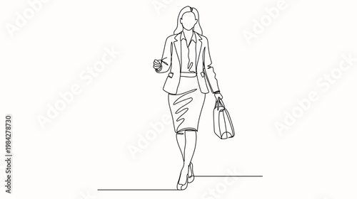 One line illustration of elegant businesswoman in motion carrying bag, corporate life and confidence concept, success and achievement concept, Hand drawn single line vector illustration