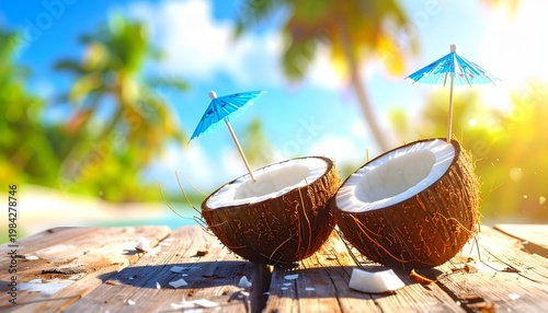A tropical lifestyle digital illustration of two halves of a coconut placed on a wooden surface, with small pieces of coconut scattered around them. A small blue cocktail umbrella is inserted into one