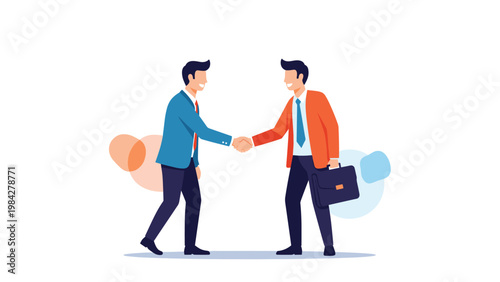 Two businessmen shaking hands in a friendly manner, symbolizing a successful agreement, partnership, or cordial greeting.