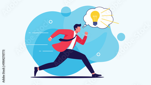 Energetic businessman running with a thought bubble containing a lightbulb, symbolizing the rapid pursuit of ideas and innovation.