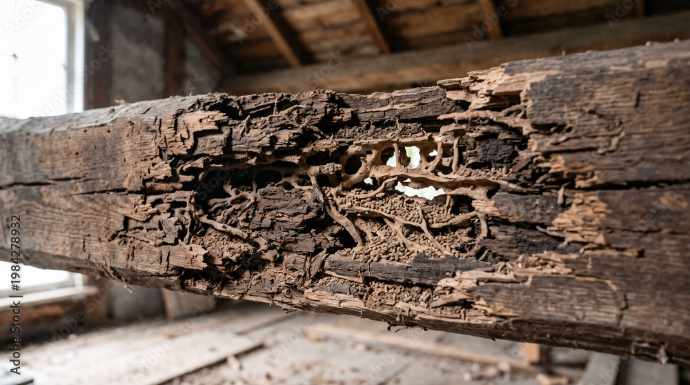 Fototapeta premium Severe Termite Damage on Structural Wooden Beam