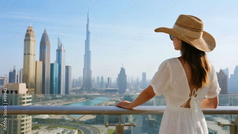 Fototapeta premium Woman in white dress and hat overlooking a modern city skyline with tall skyscrapers and a river below