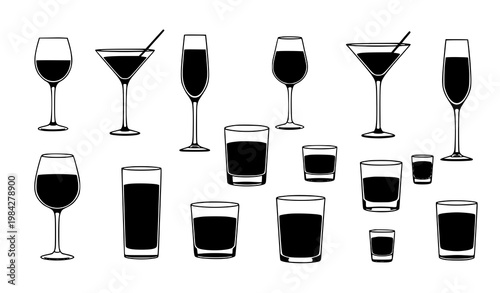 Trendy drinking glass silhouettes set with wine goblets champagne flutes martini and cocktail glasses isolated vector collection