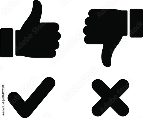 Fotografie Four Black Icons: Thumbs Up, Thumbs Down, Check Mark, and X Mark vector illustra