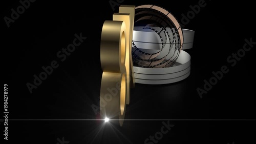 Golden 8K text appearing next to a classic film reel inside its can against a black background