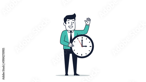 Smiling businessman in a suit holding a clock and waving, symbolizing time management, a friendly greeting, or a farewell.