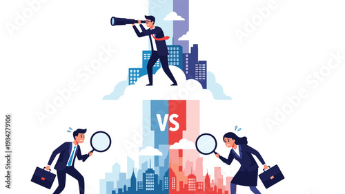 Business professionals engage in market analysis and competitive strategy, illustrating different perspectives in a challenging corporate landscape.