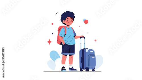 A cheerful young boy with curly hair is enthusiastically prepared for a journey, holding a backpack and a rolling suitcase, ready to explore.