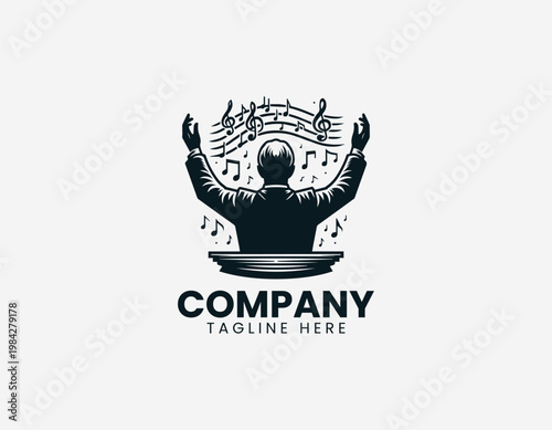 Music conductor leading orchestra with raised hands is illustrated in clean elegant black vector logo style on white background