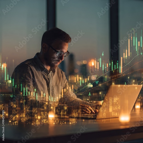 Investor analyzing holographic stock market chart with arrow graph and trading icons on laptop