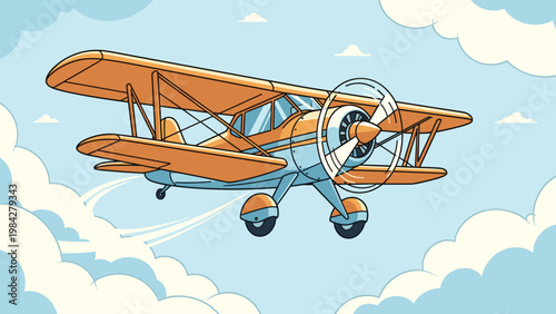 A classic vintage biplane gracefully soars through a serene blue sky, surrounded by soft, fluffy white clouds, evoking nostalgic travel.