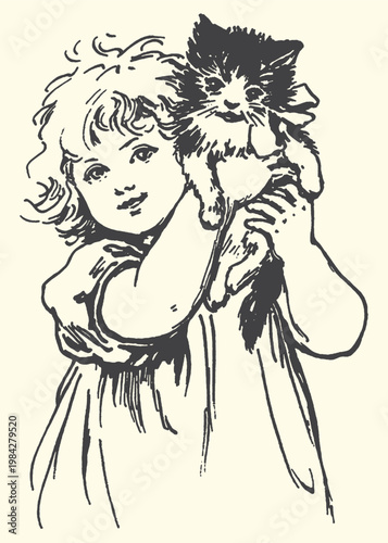 Vintage illustration of a young child holding a kitten on their shoulder with illustration friendship innocence adorable domestic companion affection carefree together innocent portrait