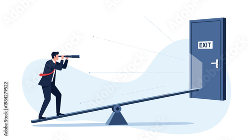 A strategic businessman observes an exit door through a telescope while balancing on a seesaw, symbolizing cautious decision-making and seeking solutions.