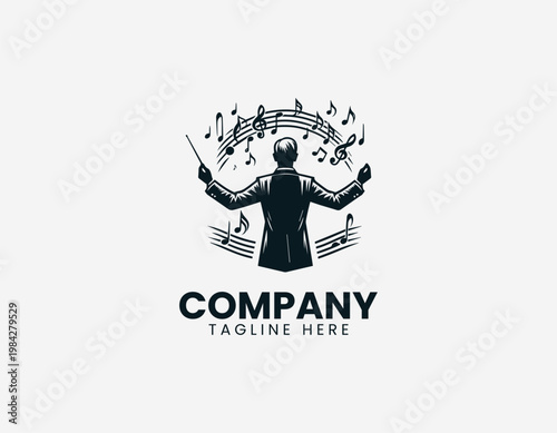 Music conductor leading orchestra with raised hands is illustrated in clean elegant black vector logo style on white background