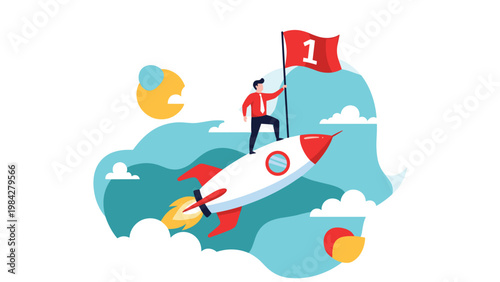 A triumphant businessman proudly holds a number one flag while riding a rocket through the clouds, symbolizing startup success and rapid growth.