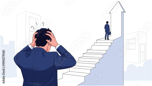 A distressed businessman looks on in despair as another ascends an upward-arrow staircase, symbolizing career challenges and feeling left behind.