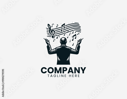 Music conductor leading orchestra with raised hands is illustrated in clean elegant black vector logo style on white background