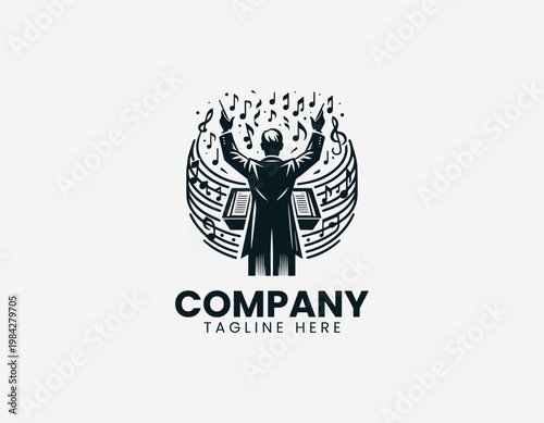 Music conductor leading orchestra with raised hands is illustrated in clean elegant black vector logo style on white background