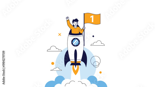 A triumphant individual proudly holds a number one flag while riding a soaring rocket, symbolizing startup success and rapid growth.