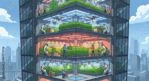 Architectural concept of a sustainable vertical farm tower, revolutionizing food production with advanced technology in an urban setting