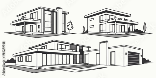 Three modern architectural house exterior designs in line art graphic style with real estate architecture building residential exterior construction property structure contemporary suburban