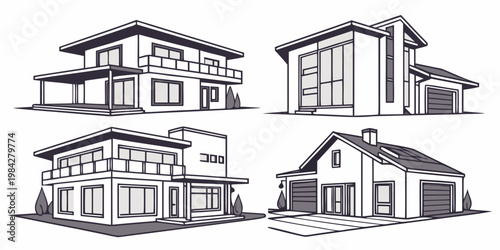 Set of four modern architectural residential house designs in minimalist outline illustration style with real estate architecture residential building exterior construction minimalist property