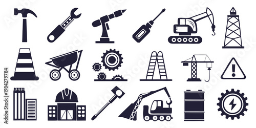 Construction and industrial tool icon set including heavy machinery and safety equipment with construction industry machinery equipment engineering excavator industrial maintenance building