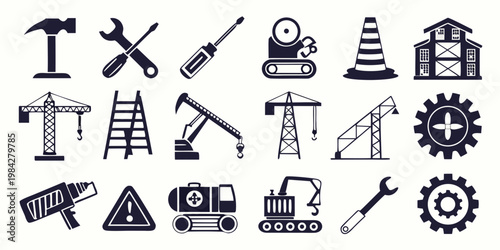 Set of construction and industrial icons including tools and heavy machinery with hard hat construction industry machinery screwdriver excavator equipment industrial maintenance engineering