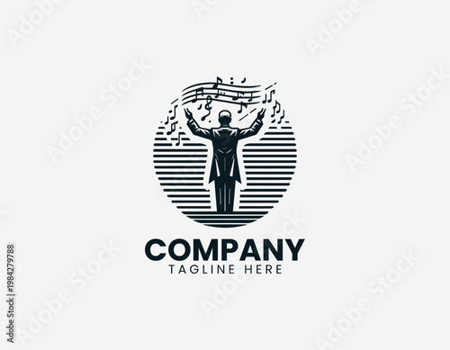 Music conductor leading orchestra with raised hands is illustrated in clean elegant black vector logo style on white background