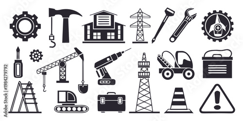 Professional construction and industrial hardware icon set with machinery and building equipment construction industry machinery equipment engineering excavator industrial maintenance