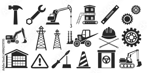 Collection of construction industry icons featuring heavy machinery tools and site safety gear construction industry machinery equipment engineering excavator industrial maintenance building