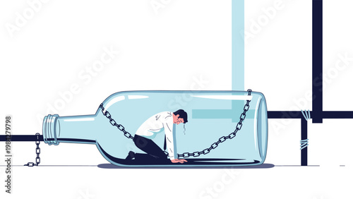 A distressed businessman is tragically chained inside a glass bottle, symbolizing extreme confinement, stress, and feeling utterly trapped.