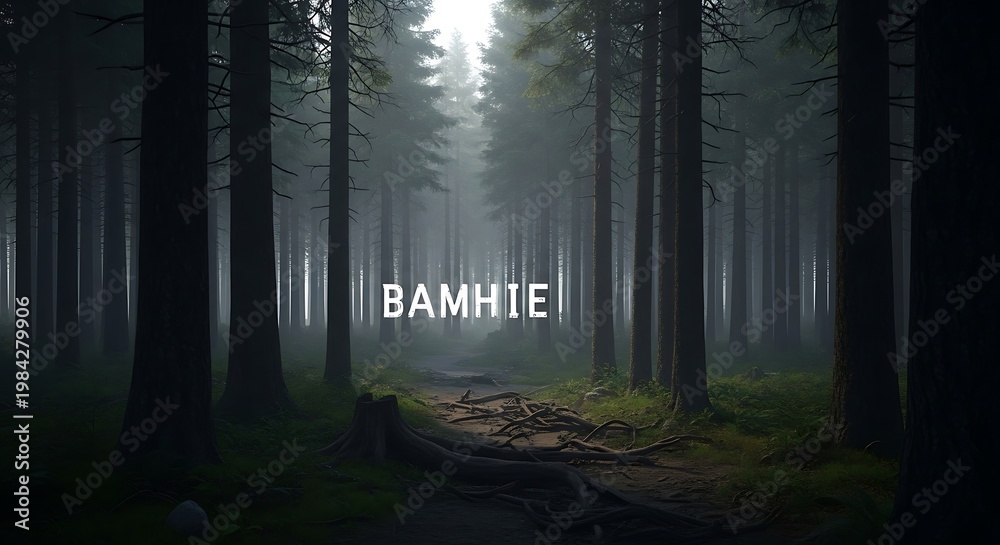 Naklejka premium Mysterious Forest Path with BAMHIE Text Overlay - A Tranquil Escape.