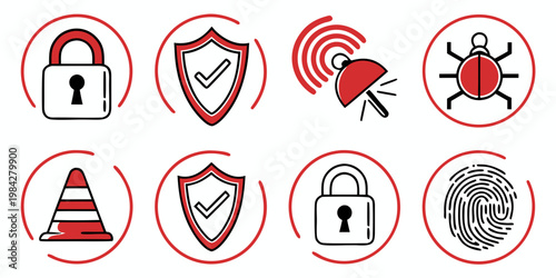 Network and information security icon set featuring padlocks verified shields alert signals fingerprint scanning security fingerprint protection cybersecurity verified technology authentication