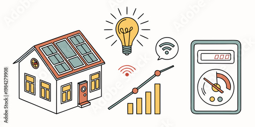 Residential energy efficiency and smart solar power consumption analysis graphic illustration with consumption efficiency analysis monitoring technology renewable automation connected internet