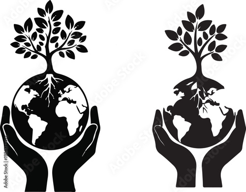 Two hands cradle a stylized globe with a tree growing from its top, symbolizing environmental protection and global responsibility, presented in a striking black and white silhouette illustration