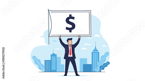 A confident businessman proudly holds a large flag adorned with a dollar sign, symbolizing ambitious financial goals and wealth-focused business.