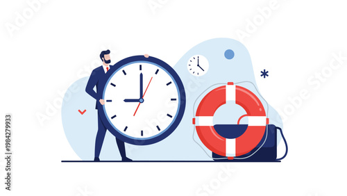 A businessman carefully manages time, holding a large clock, with a lifebuoy and briefcase nearby, symbolizing deadline and safety.