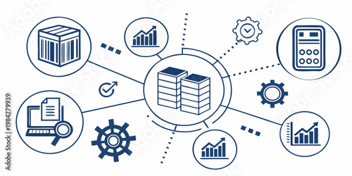 Central database system with connected business data and analytics icons database analytics business management information connection statistics settings computer research optimization