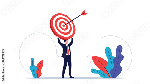 A triumphant businessman confidently holds a bullseye target with an arrow, symbolizing precise goal achievement and clear vision.
