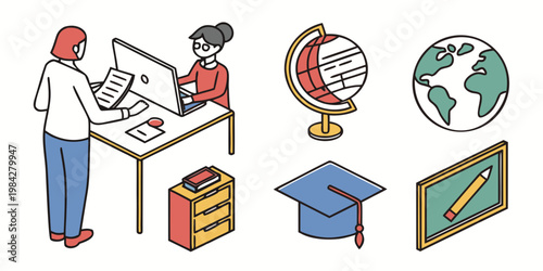 Educational and office workspace icons isometric set with education workplace learning business isometric computer graduation chalkboard documentation workspace corporate professional