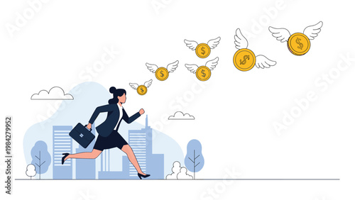 A determined businesswoman runs vigorously with her briefcase, chasing winged dollar coins, symbolizing the pursuit of financial opportunity.