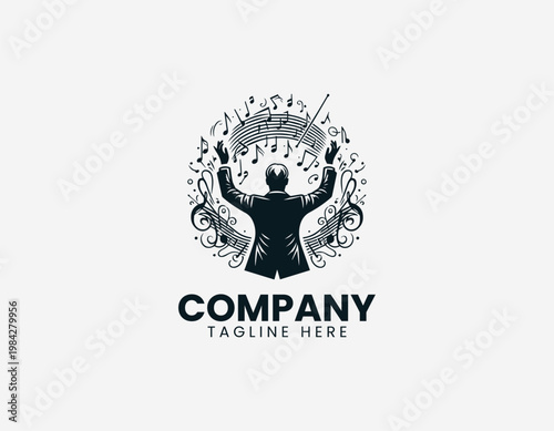 Music conductor leading orchestra with raised hands is illustrated in clean elegant black vector logo style on white background